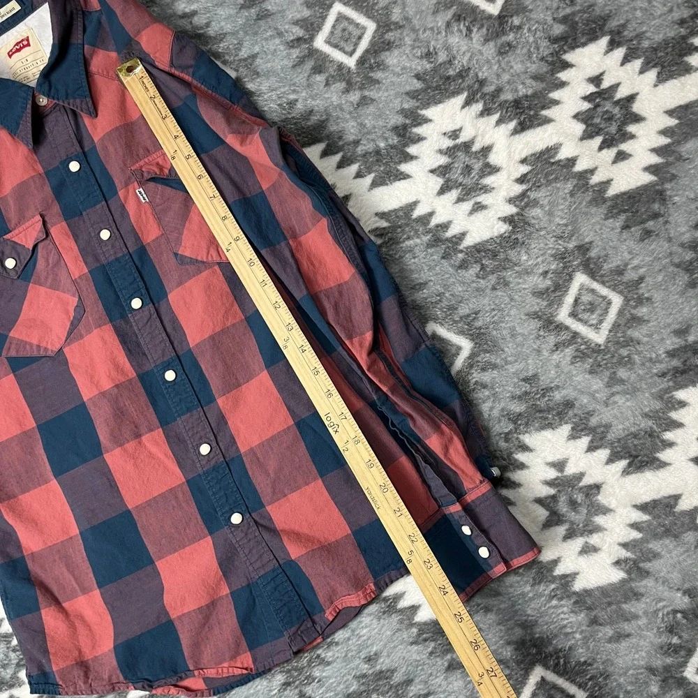 Levis Mens Buffalo Plaid Western Snap Shirt Red Navy Blue Slim Fit Large